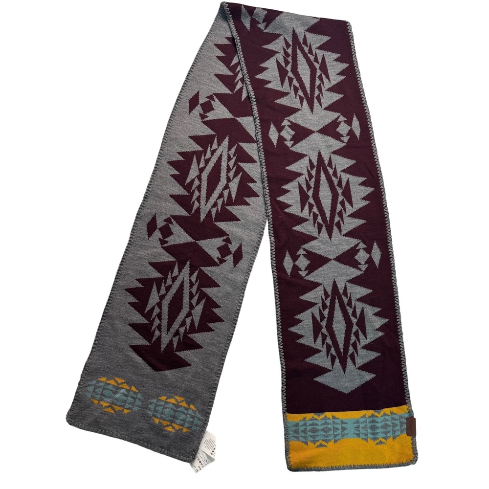 Pendleton Merino Wool Scarf Geometric Southwestern Reversible Burgundy Grey